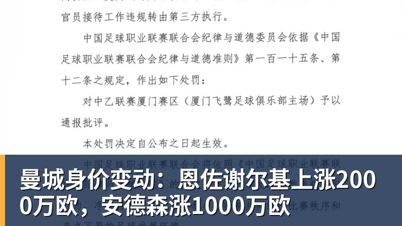 曼城身价变动:恩佐谢尔基上涨2000万欧,安德森涨1000万欧